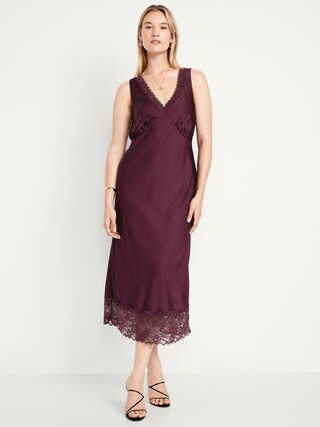 Lace-Trim Satin Midi Dress | Old Navy (US)