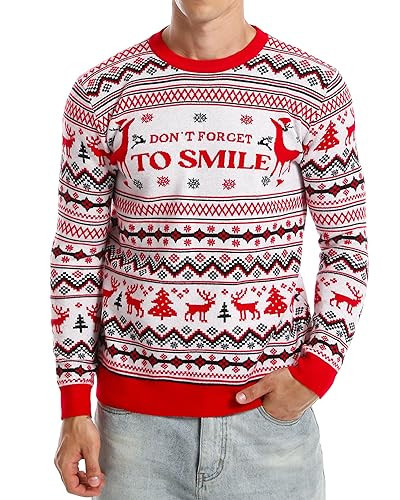Runhit Ugly Christmas Sweater Men Unisex Knitted Ugly Christmas Sweater Reindeer and Snowflakes Funny Crew Neck Pullover S | Amazon (US)
