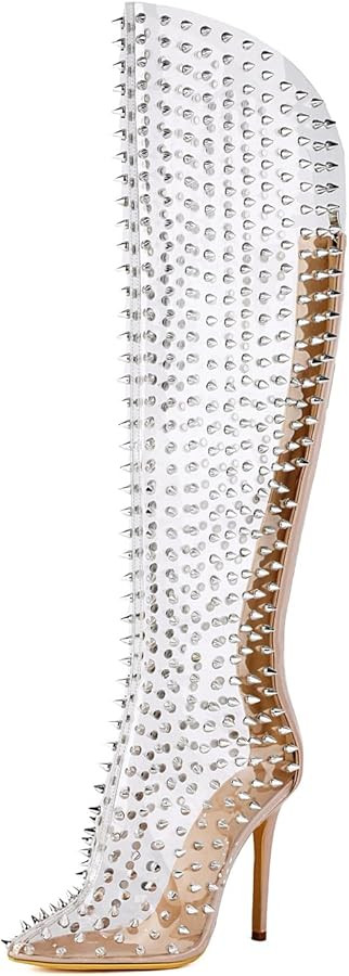 UP2STEP Women Fancy Pointed Toe Studded Rivets Clear Over the Knee High Heel Stiletto Boots with ... | Amazon (US)