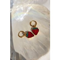 Strawberry Fruit Earrings, Charm Huggies, Gold Stainless Steel Hoops, Tiny Aesthetic Summer Lightweight Colorful Hoops | Etsy (US)