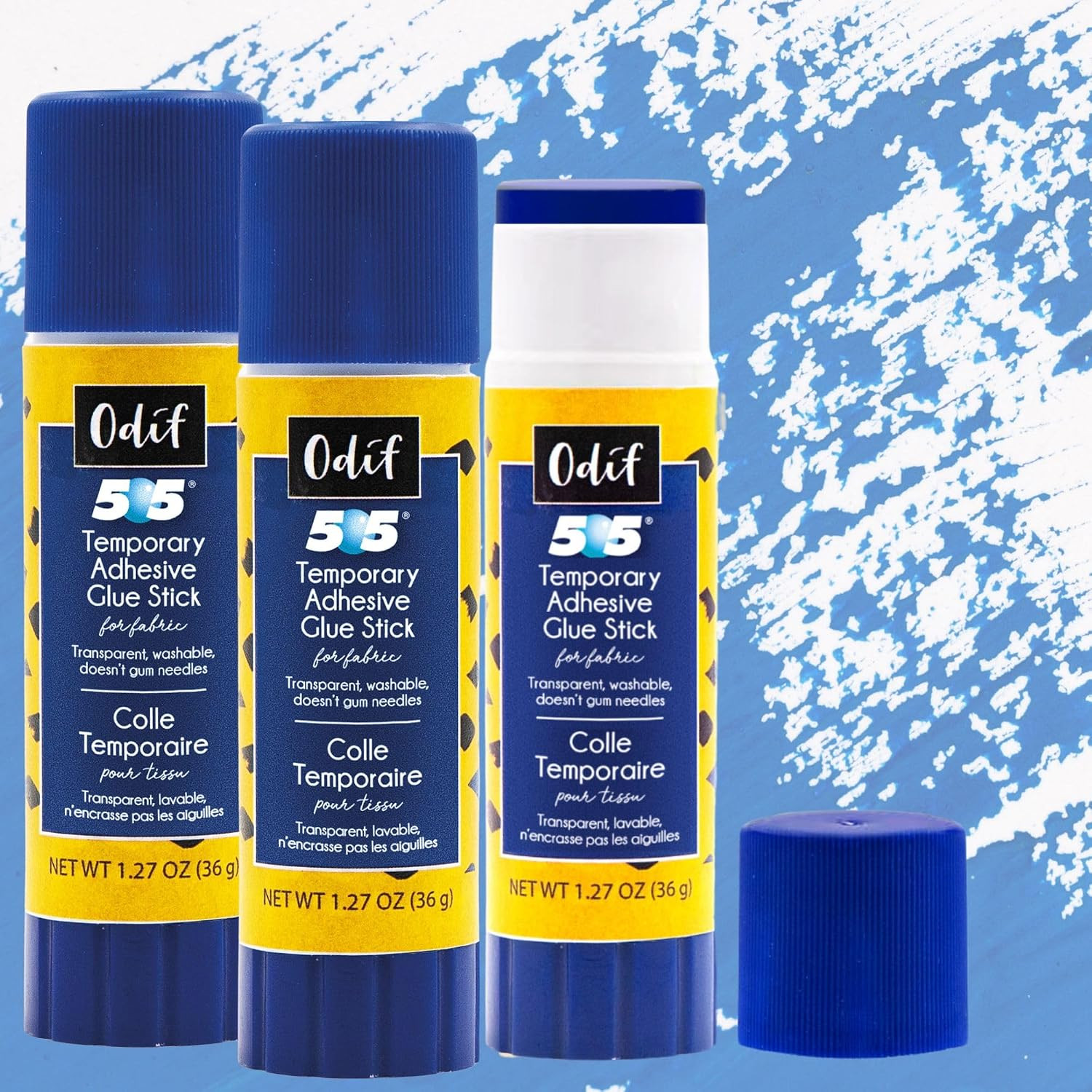 Odif 505 Temporary Adhesive Fabric Glue Stick | Fabric Glue Sticks with No Residue | Disappears After Washing | Precise Application Fabric Adhesive 1.27 oz (3), Blue | Amazon (US)