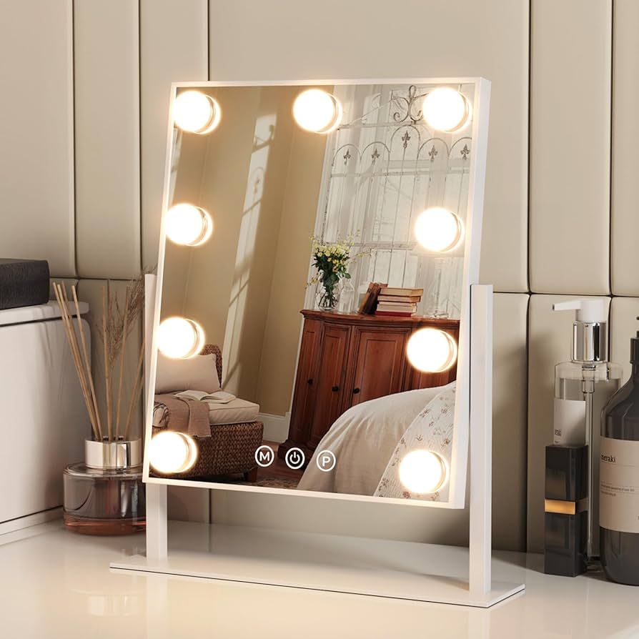 VVSmriti Tabletop Mount Vanity Mirror with Lights Makeup Mirror with with 9 LED Lights Smart Touc... | Amazon (US)