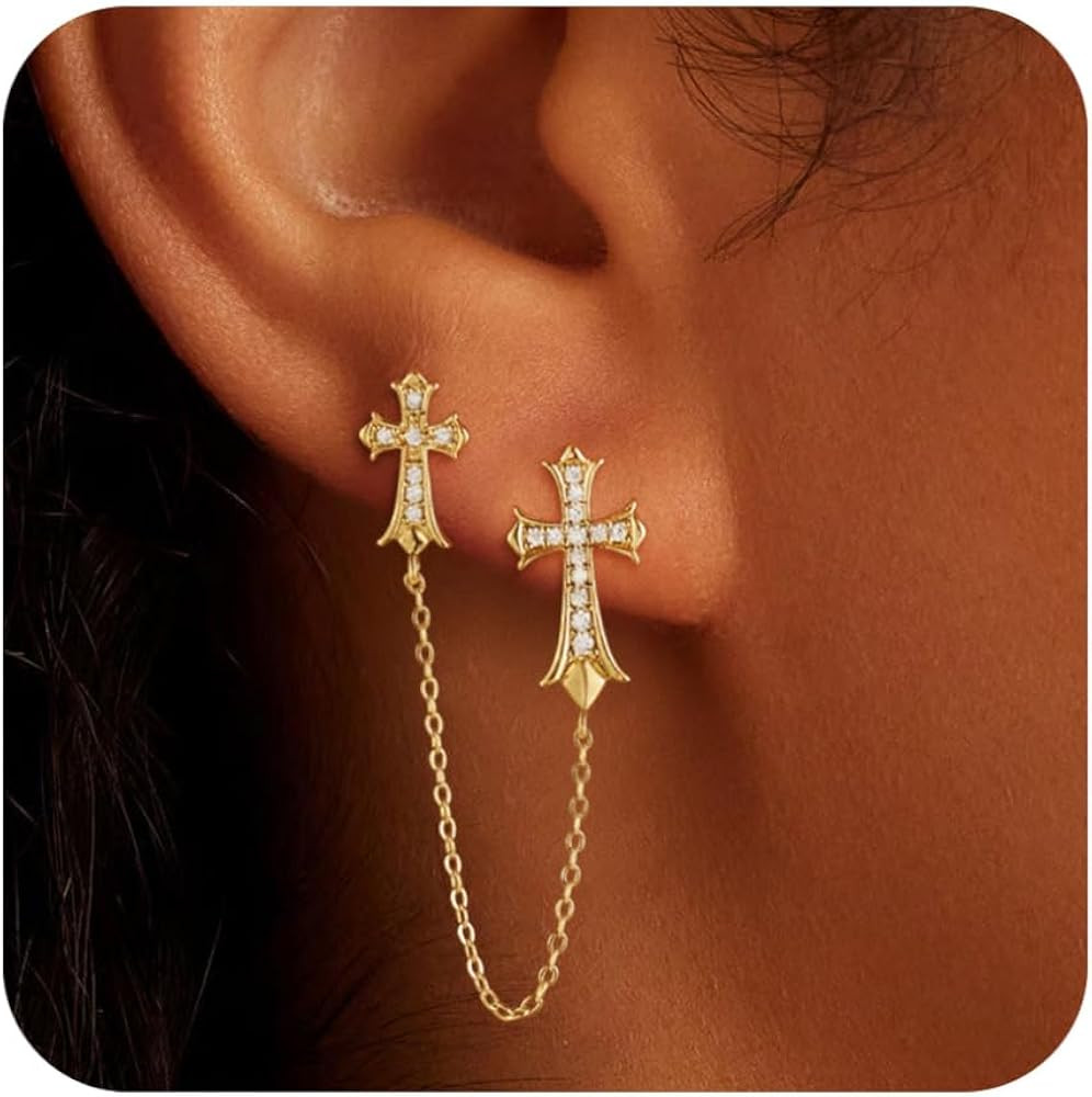 Gold Cross Earrings for Women 14K Gold Double Piercing Cross Earrings Diamond Stud Earring | Amazon (US)