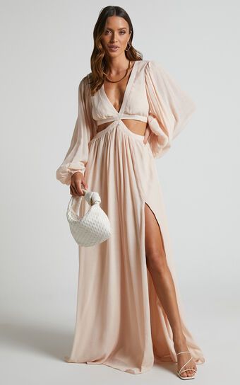 Paige Maxi Dress - Side Cut Out Balloon Sleeve Dress in Neutral | Showpo (US, UK & Europe)