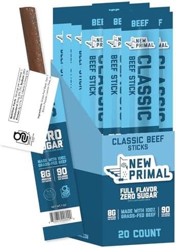 The New Primal Grass Fed Beef Sticks, Keto, Gluten Free Healthy Snacks for Adults, Sugar Free Low... | Amazon (US)