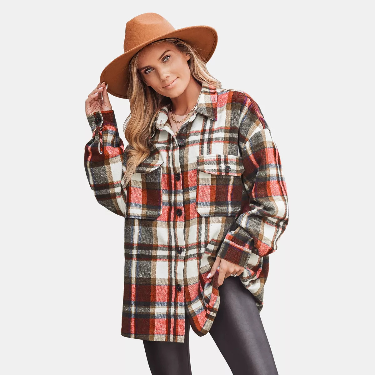 Women's Plaid Pocket Button-Front Shacket - Cupshe-L-Red | Target
