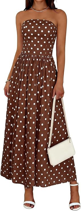 Wenrine Womens Polka Dot Strapless Dress Summer Smocked Tube Top Casual Sleeveless Long Flowy Max... | Amazon (US)