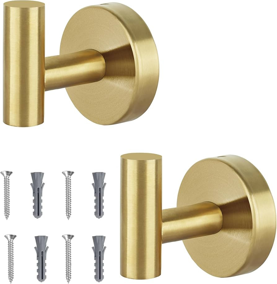 Towel Hooks for Bathroom 2 Packs Screw- in Gold Wall Mount Towel Holder Towel Rack, Heavy Duty Ro... | Amazon (US)