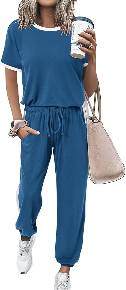 MASCOMODA Womens 2 Piece Outfits 2025 Summer Tracksuit Sets Short Sleeve Tops Travel Long Pants J... | Amazon (US)