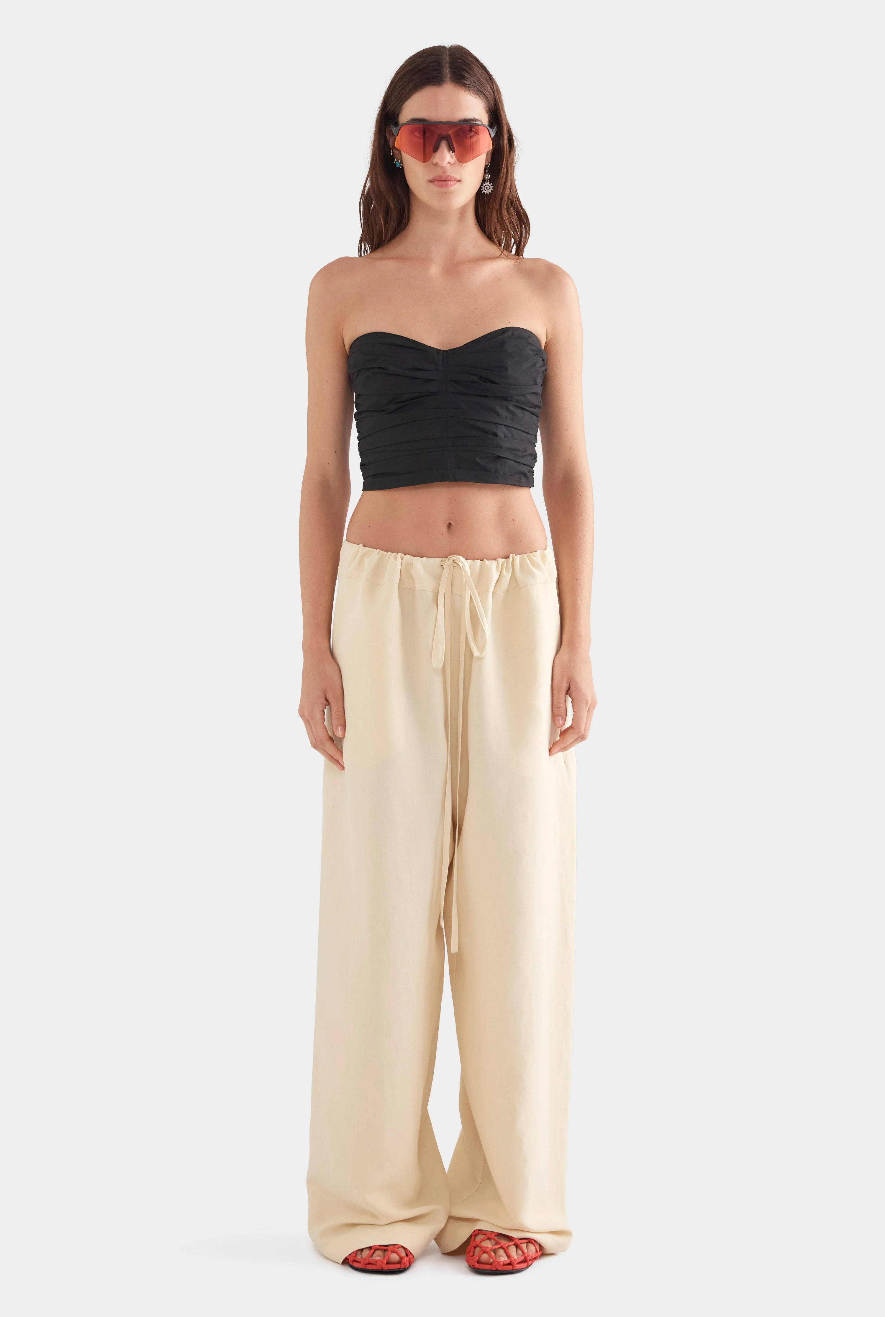 Womens Silk Linen Paperbag Pant in Dusty Yellow | Venroy | Venroy AU