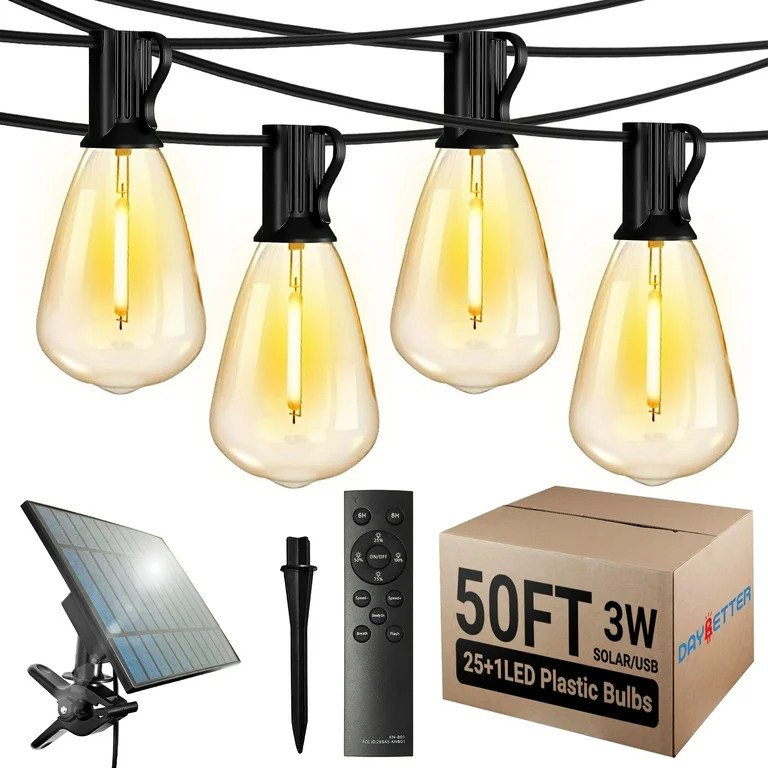 DAYBETTER Solar Outdoor Lights, 50FT Patio String Lights with 25 ST38 Waterproof Bulbs, for Backy... | Walmart (US)
