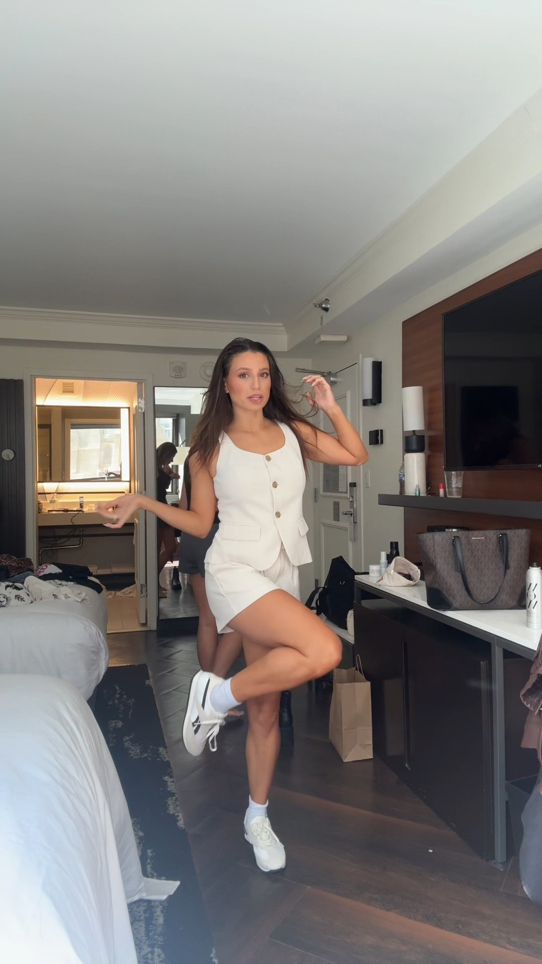 NYFW look: tailored vest + matching shorts paired with classic Adidas sneakers for that effortless balance of chic and casual. Perfect for city strolls, coffee dates, or fashion week moments. Shop the exact outfit details here 🤍✨ #ootd #nyfwstyle

#LTKStyleTip #LTKNYFW