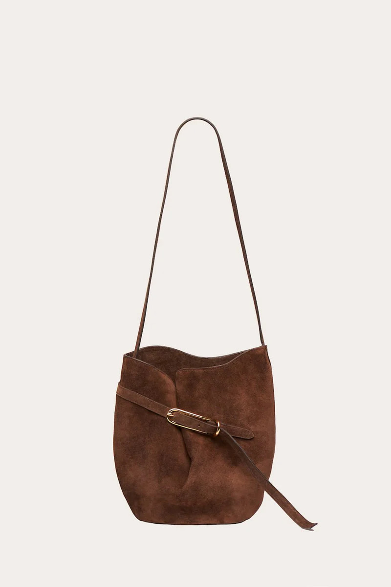 Belted Bucket Bag Dark Brown Suede | LITTLE LIFFNER