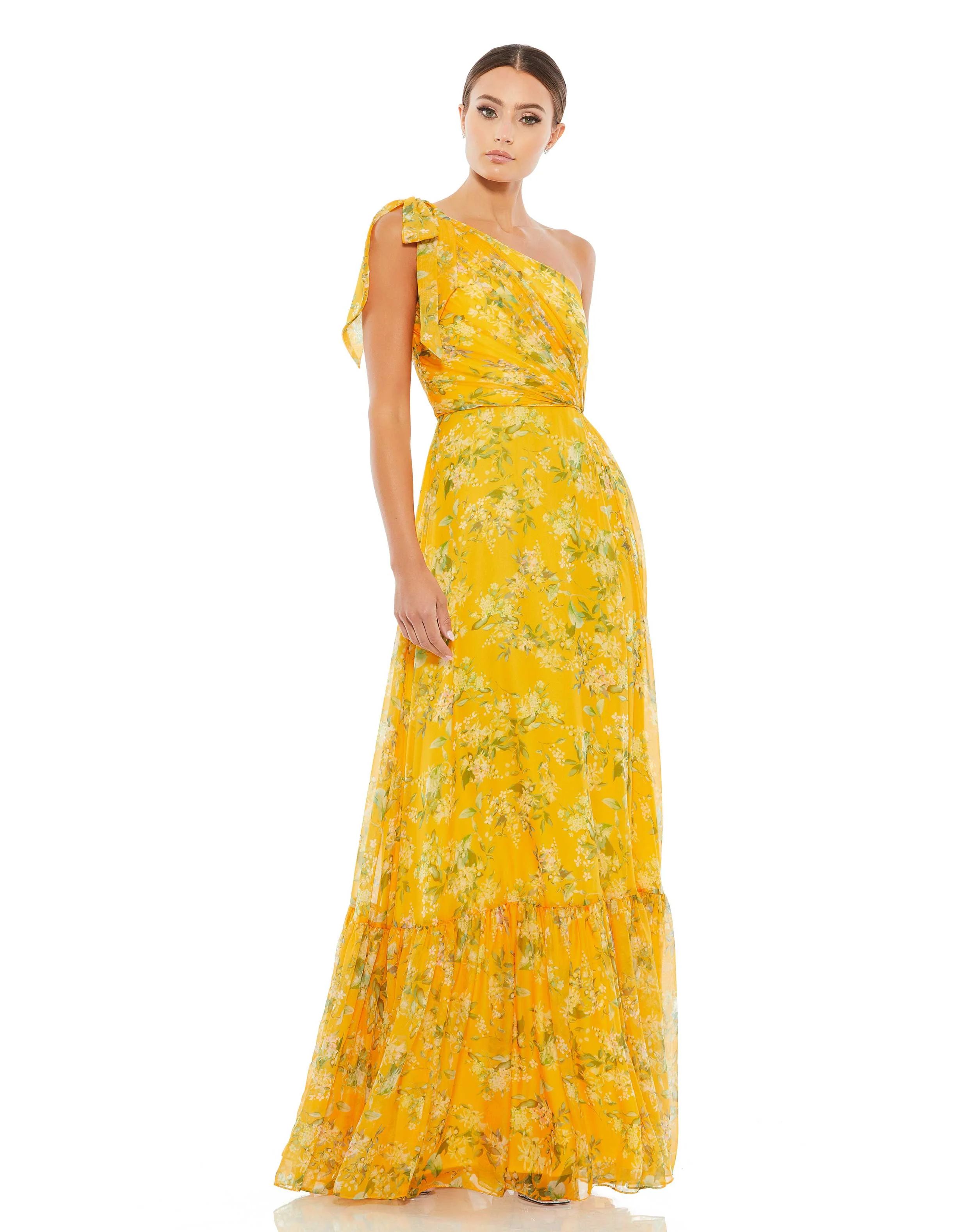 Floral One Shoulder Bow Maxi Dress | Mac Duggal