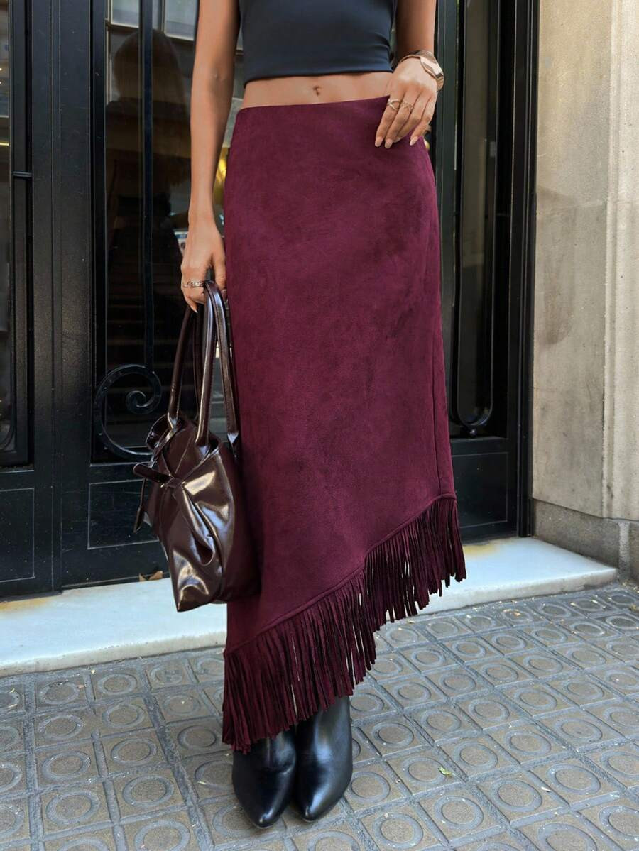 Aloruh Women's Extra Long Suede Skirt, Burgundy Ankara Red Vintage Romantic Bohemian Tassel Patch... | SHEIN