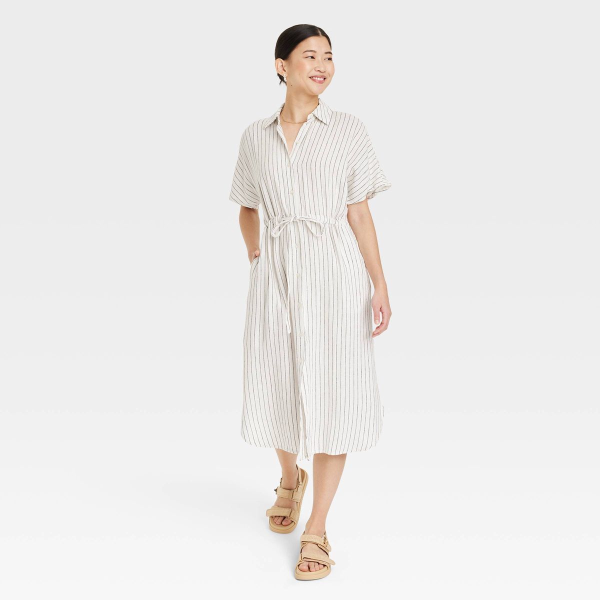 Women's Short Sleeve Linen Midi Shirtdress - A New Day™ Cream Striped M | Target