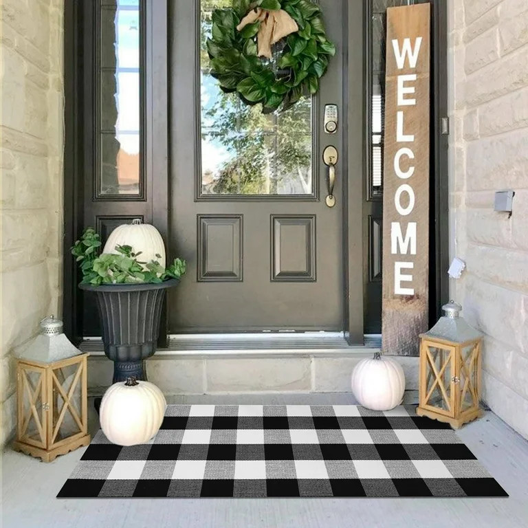 iOhouze Black and White Outdoor Area Rug 2x4.3 ft Plaid Checkered Rug Washable Front Door Mat Han... | Walmart (US)