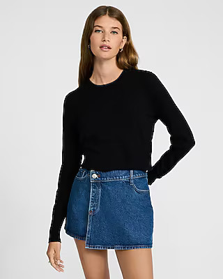 High Waisted Medium Wash Wrap Mini Denim Skort | Express