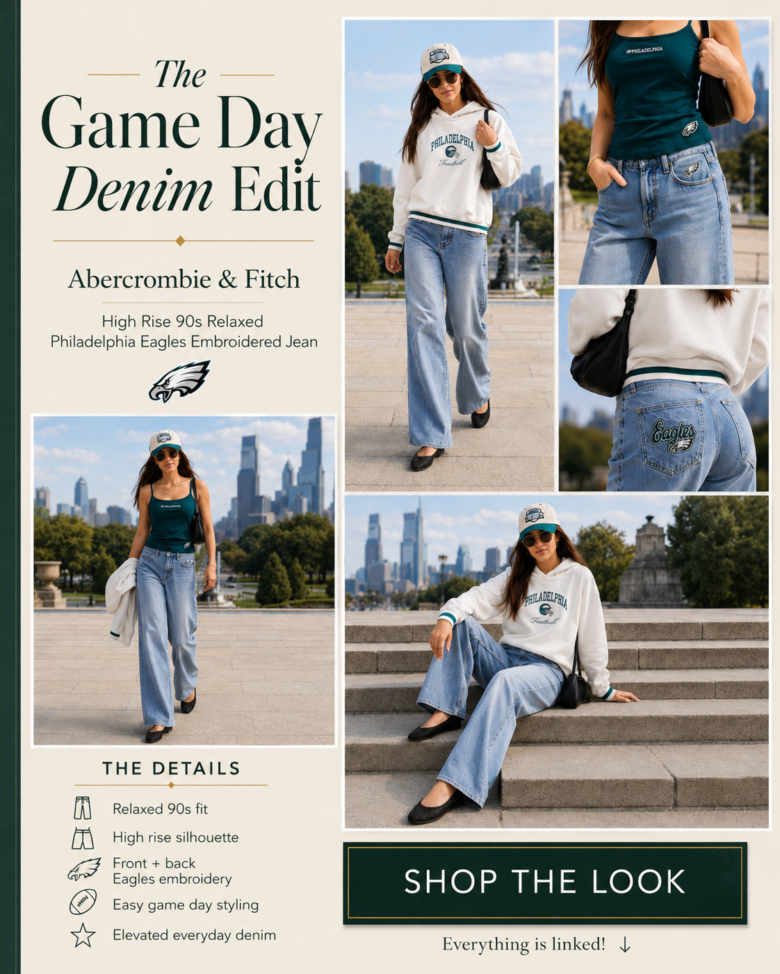 The @abercrombie Eagles jeans game-day girls are going to want before they sell out. 🦅🏈

These Abercrombie & Fitch High Rise 90s Relaxed Philadelphia Eagles Embroidered Jeans take team apparel way beyond a basic tee and make the entire outfit feel elevated. 

The high-rise waist and relaxed 90s silhouette give them that flattering, effortlessly cool fit, while the Eagles embroidery on the front and back adds the perfect game-day detail without making them feel like costume denim.

Style them with an Eagles hoodie and cap for cooler games, or pair them with a fitted green tank and ballet flats for warmer tailgates and watch parties. 

They are easy to dress up with a blazer and heels too, so you can keep wearing them long after football season.

Perfect for Eagles games, tailgating, stadium outfits, sports bars, watch parties, Philadelphia weekends, casual fall outfits, and gifting the Eagles fan who already owns every jersey.

📌 SAVE this Eagles game-day outfit before football season gets busy—and tap through to check your size while it is available.

Everything is linked! ↓

#LTKFootballSeason

#LTKActive #LTKSaleAlert #LTKTravel