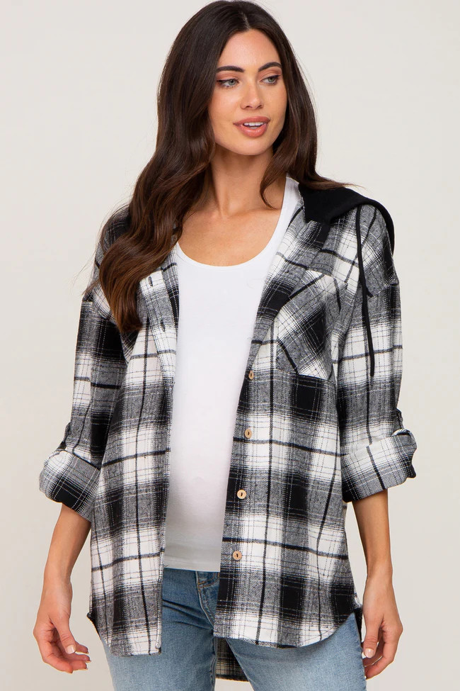 Black Plaid Hooded Maternity Shirt Jacket | PinkBlush Maternity