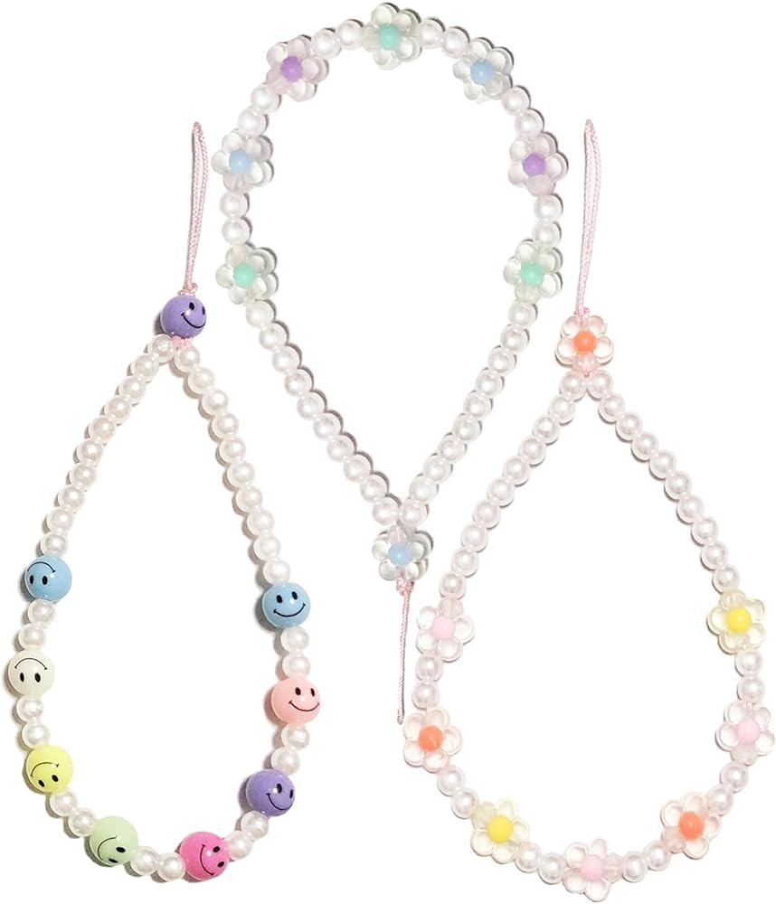 Beaded Mobile Phone Lanyard Wrist Strap Y2K Cute Phone Charms Smiley Face Flower Phone Anti-Lost ... | Amazon (US)