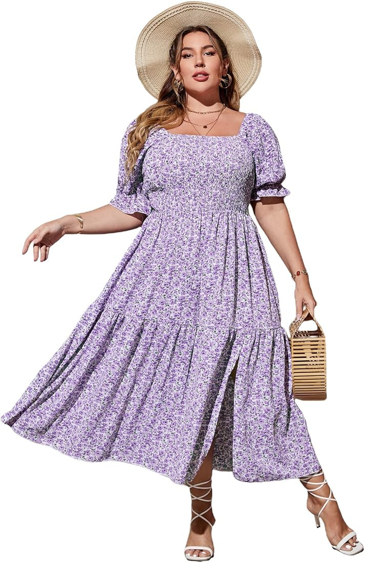MakeMeChic Women's Plus Size Floral Boho Puff Sleeve Square Neck Shirred Split A Line Summer Long... | Amazon (CA)