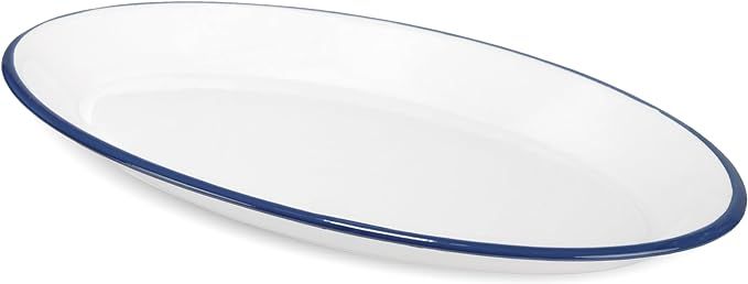 Red Co. Enamelware Metal Classic 13" Serving Oval Tray Platter, Solid White/Navy Blue Rim | Amazon (US)