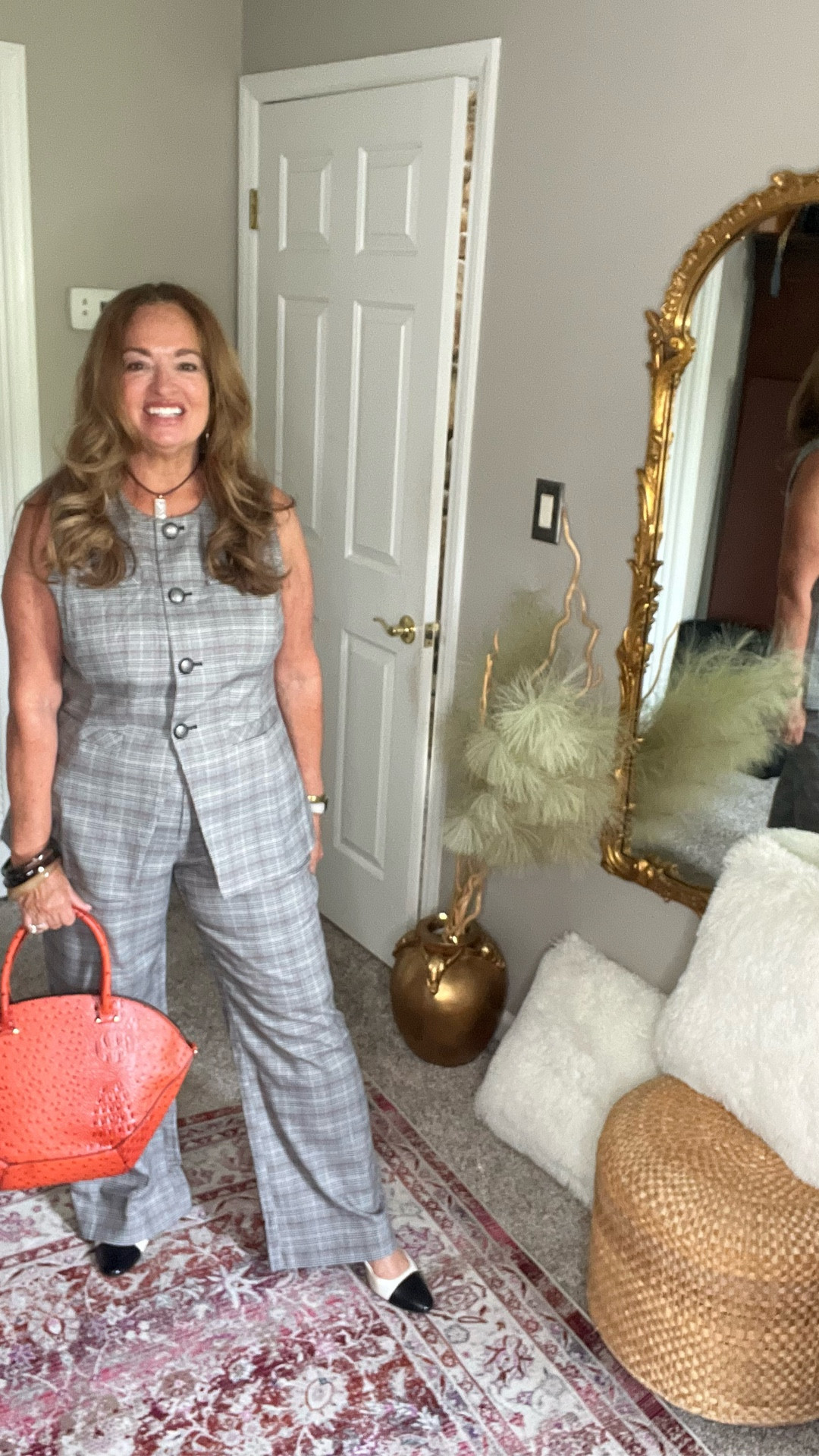 Its giving Fall elegance. A matching plaid vest long pants set. The pants feature sailor buttons. A flattering look.

Accessories are triple lucite bangles and this faux ostrich embossed beautiful structured bag. 

#LTKWorkwear #LTKSeasonal #LTKNYFW