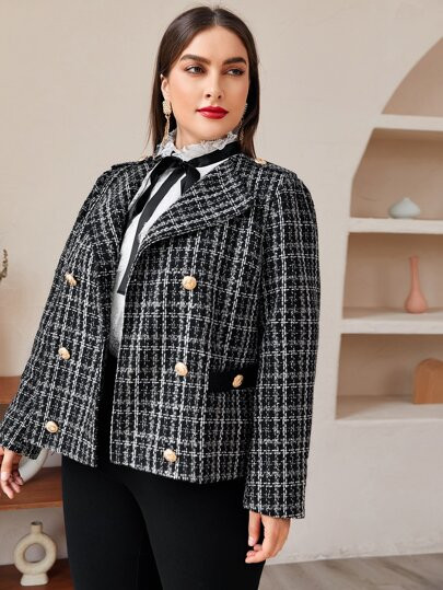 SHEIN Plus Button Detail Open Front Plaid Tweed Coat | SHEIN