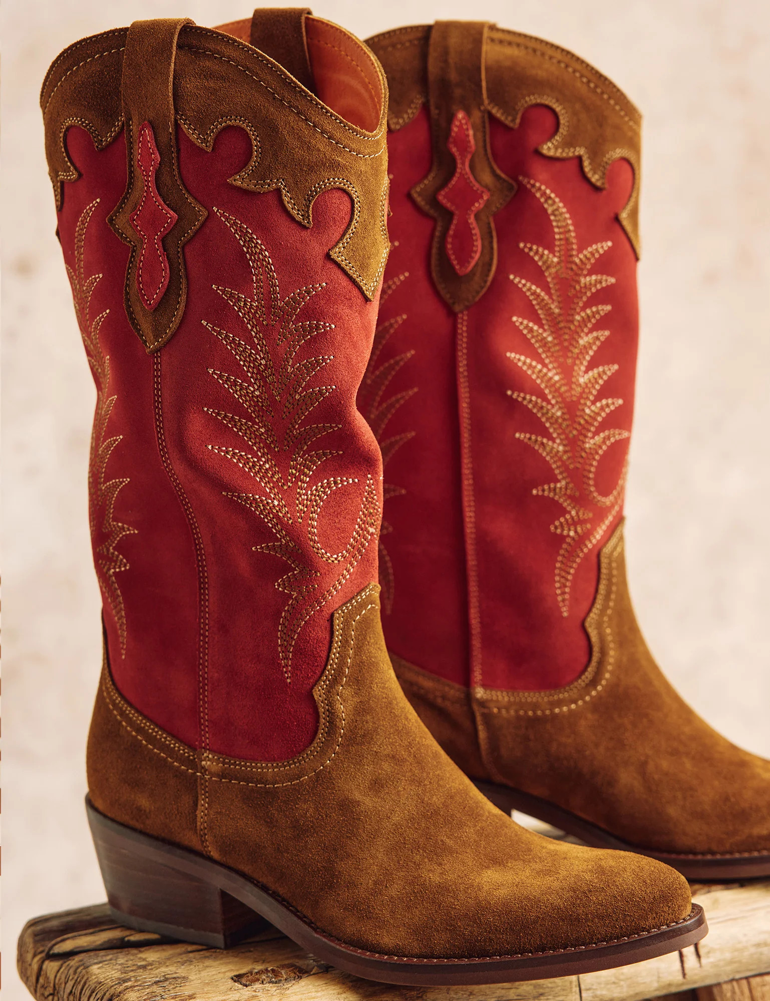 Jolene Suede Cowboy Boot in Peat/Red | Women's Boots | Penelope Chilvers | Penelope Chilvers