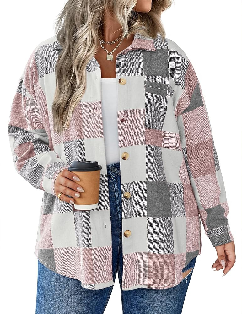 IN'VOLAND Women's Plus Size Plaid Shacket Long Sleeve Button Down Flannel Shirts Casual Jacket Co... | Amazon (US)