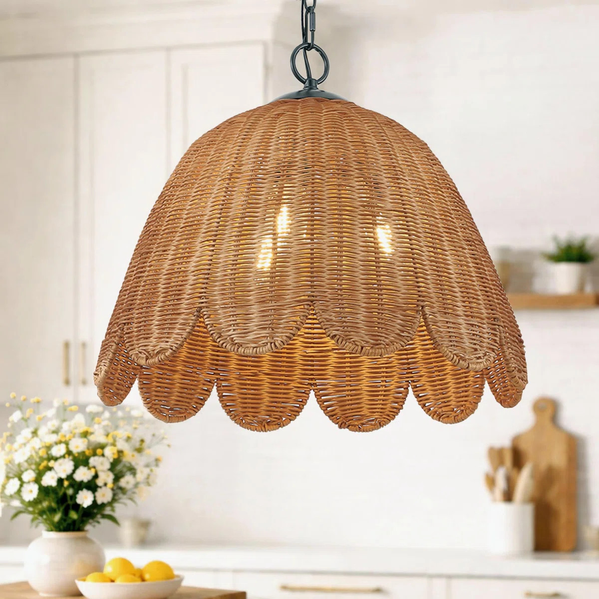 18" 3-Light Scalloped Rattan Pendant | Wayfair North America