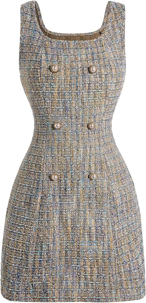 Floerns Women's Plaid Tweed Dress Sleeveless Square Neck Elegant Work Mini Dress | Amazon (CA)