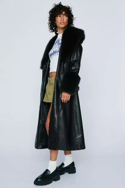 Petite Fur Trim Belted Faux Leather Coat | Nasty Gal UK (+IE)