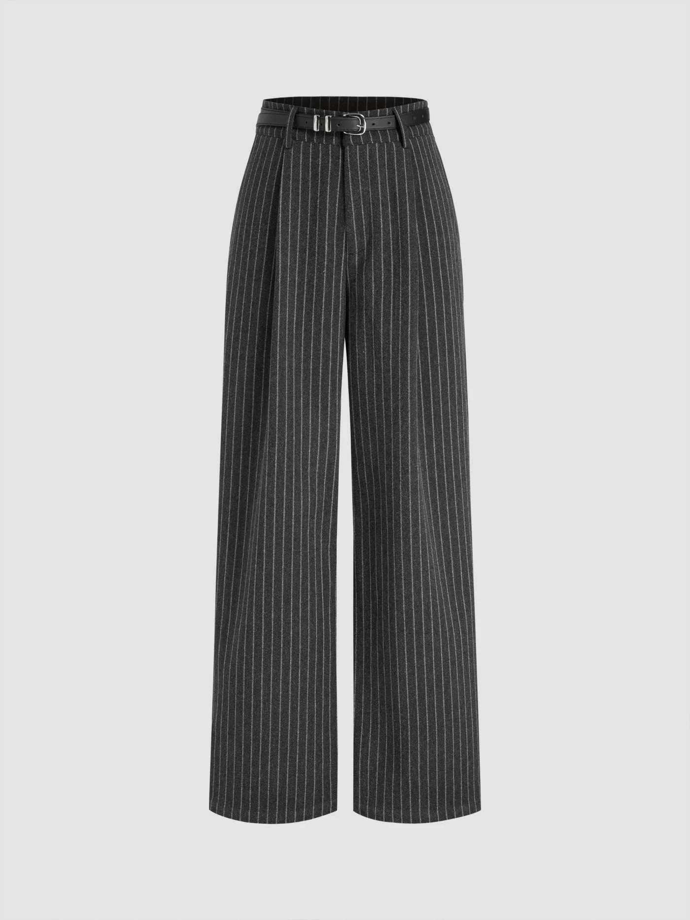Tweed Tweed Mid Rise Striped Straight Leg Trousers With Belt For Work | Cider