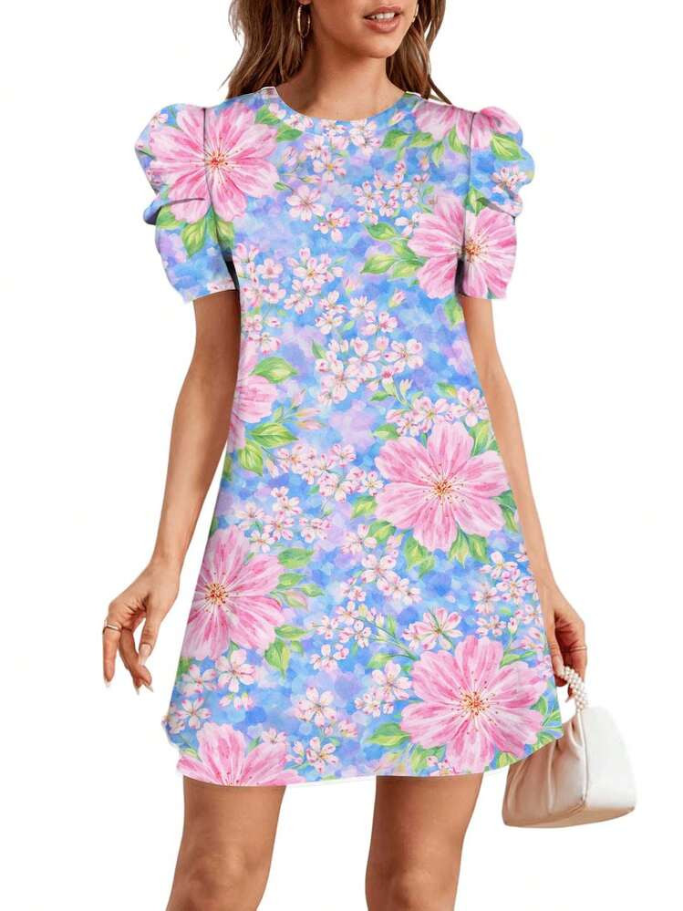 Floral Pattern With Pink Blossoms On Blue Background-1 Summer Dresses For Women Casual Petal Slee... | SHEIN