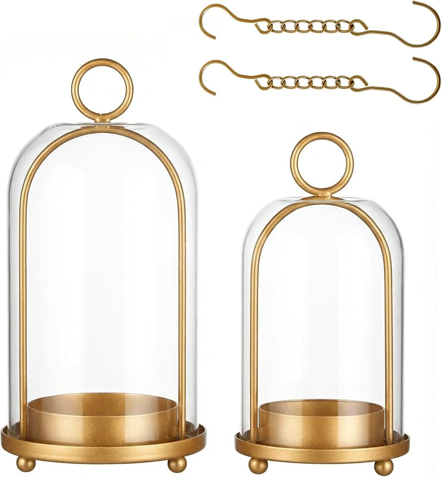 GYKLE Set of 2 Candle Lantern Set - Vintage Brass Candle Holders with Thick Glass Domes (5.25"x10... | Amazon (US)
