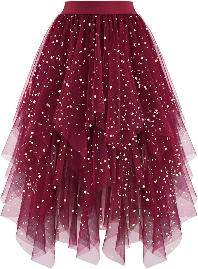 Ellames Women's Tulle Skirts High Low Layered Puffy Fairy Skirts Midi Length Irregular Tutu Skirt | Amazon (US)