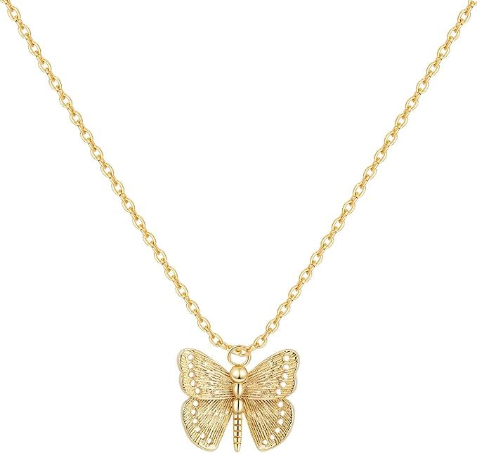 Ldurian Butterfly Pendant Necklace, 14K Gold Plated, Delicate Dianty Necklace for Women | Amazon (US)