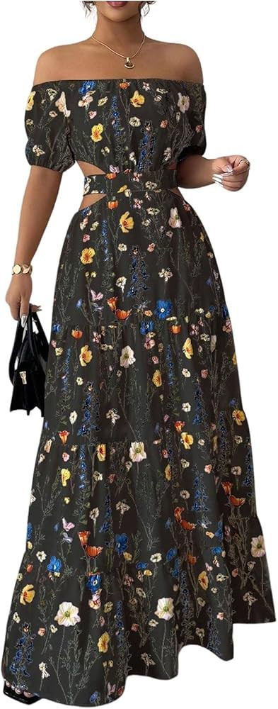 OYOANGLE Women's Floral Print Off The Shoulder Short Sleeve Boho Maxi Dress Cut Out Ruffle A Line... | Amazon (US)