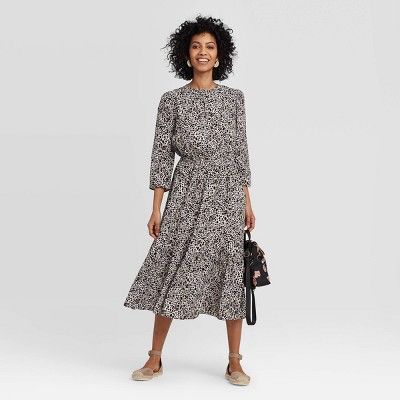 Women's Printed Long Sleeve Crewneck Tiered Midi Dress - A New Day™ Black | Target