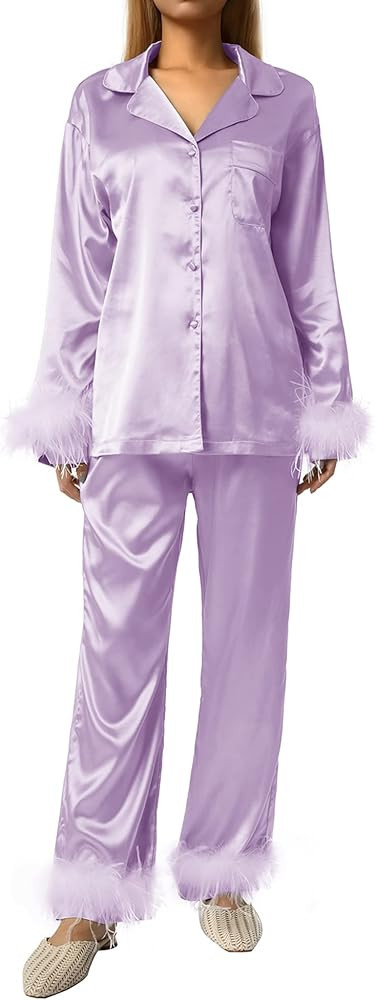 Shunvnny Women's Feather Pajamas Set Long Sleeve Button Down Lapel Collar Tops and Pants Sleepwea... | Amazon (US)
