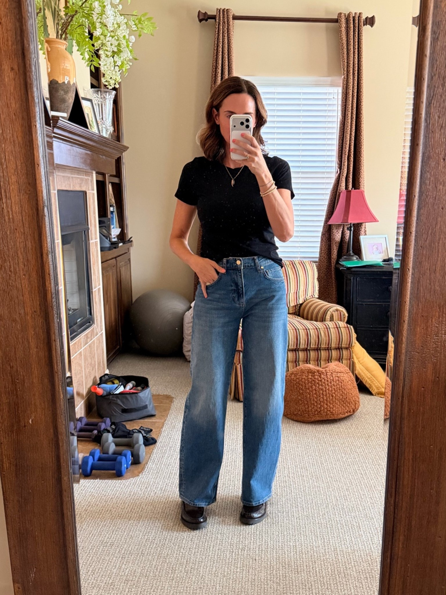 LOVE these basic tee shirts from Nordstrom.  I own three now.  Stretchy, smooth, soft material and such a great fit.  I’m wearing medium.  
Barrel jeans true to size.  Slight stretch.  
Loafers stunning and comfortable right out of the box.  True to size and work well with a wide foot.

#LTKActive #LTKOver40 #LTKootd
