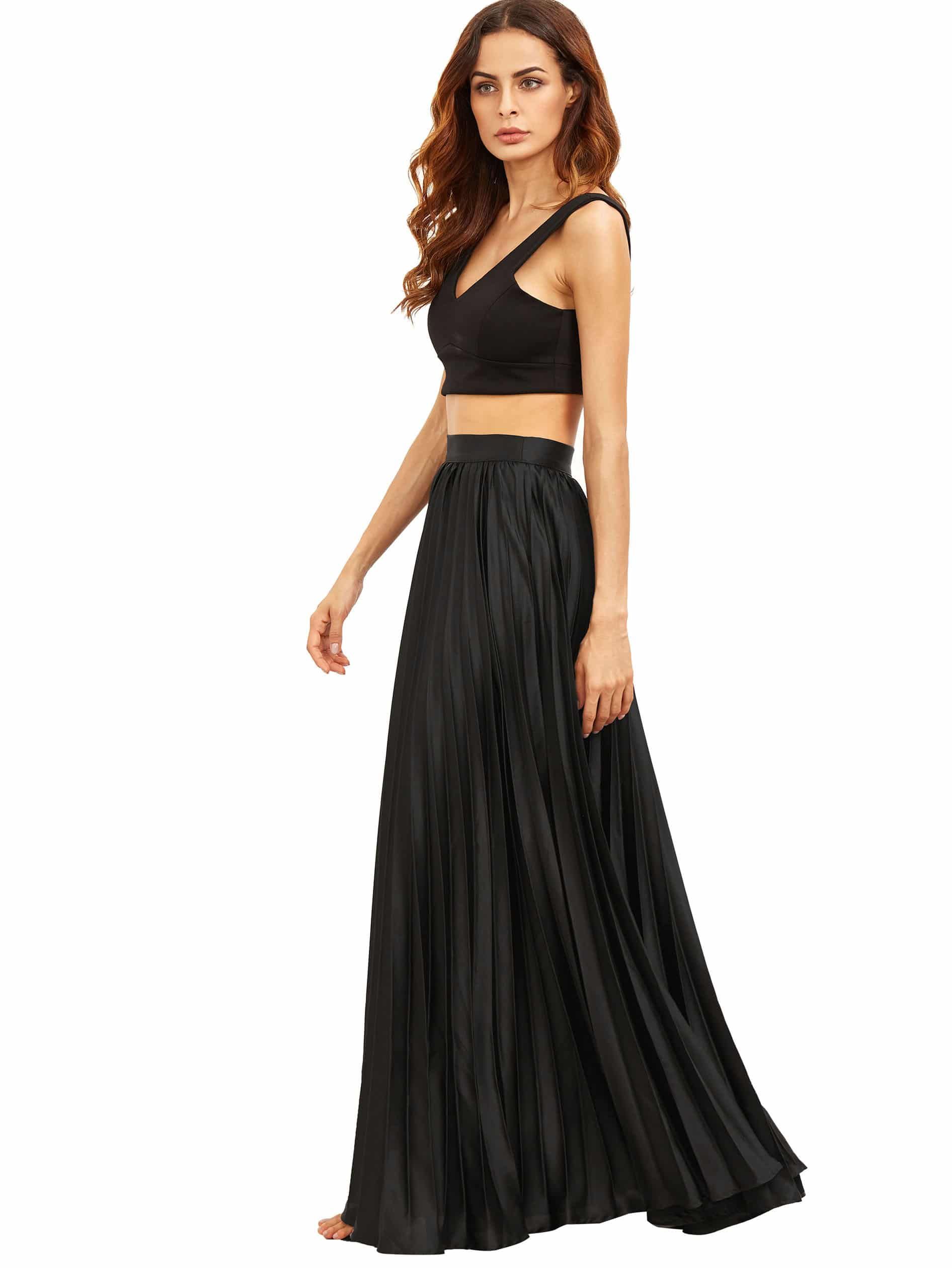 Pleated Flare Floor Length Skirt With Zipper Side | SHEIN