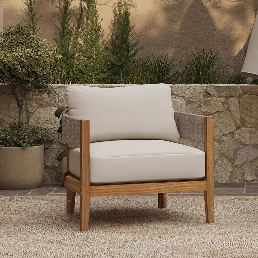 LuxenHome Outdoor Patio Chair, Acacia Wood with Rope Sides Club Armchair with Cushions, Wooden Lo... | Amazon (US)