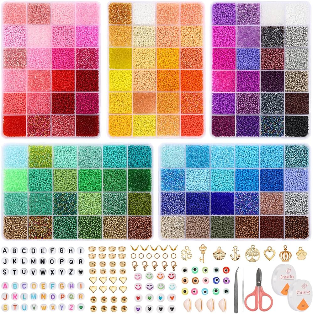 QUEFE 60000pcs 120 Colors Glass Seed Beads for Jewelry Making, 2mm Mini Beads with Accessories Ch... | Amazon (US)