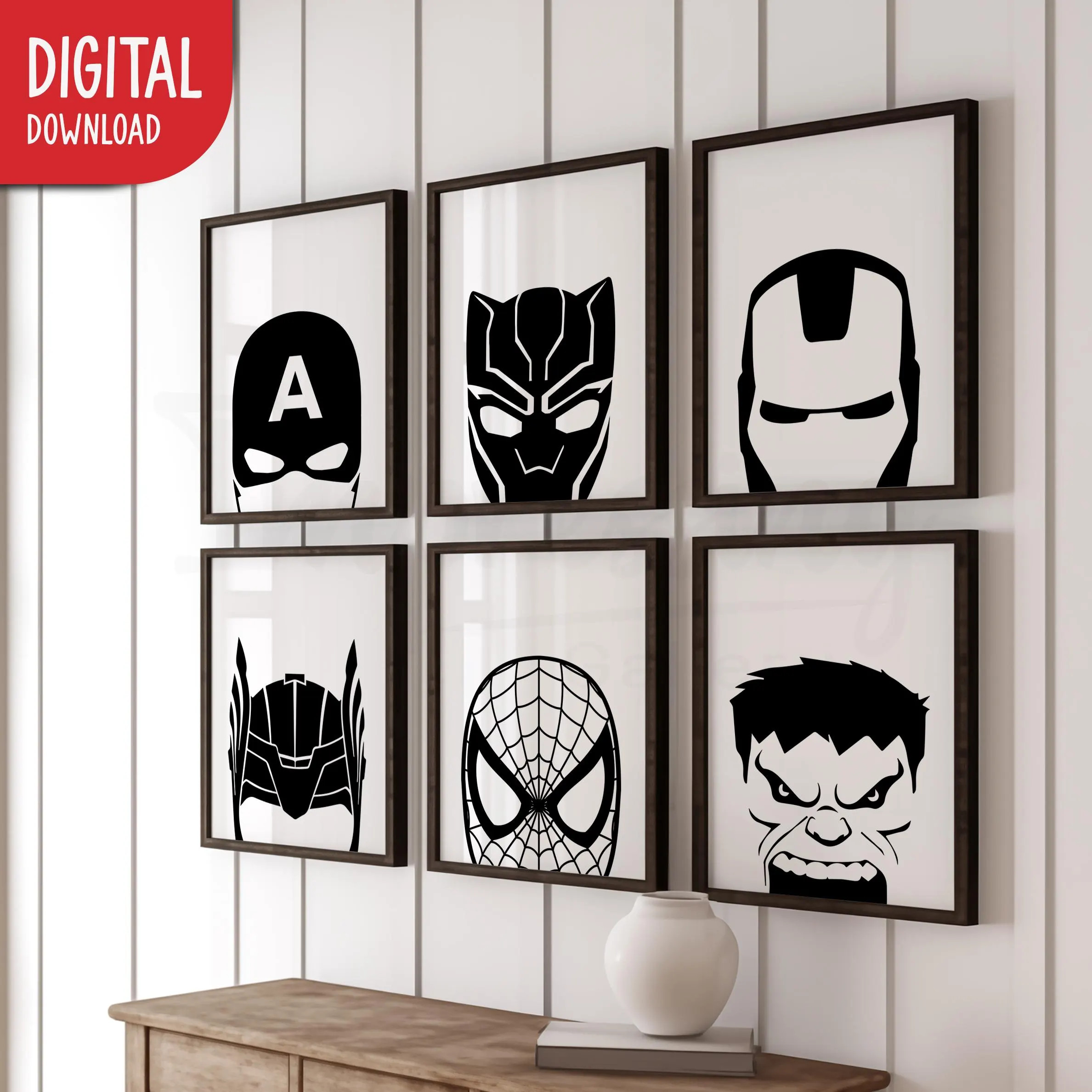 Avengers Superhero Prints, Monochrome Wall Art, Superheroes, Black & White Set of 6 (Digital Download) | Etsy (Global)
