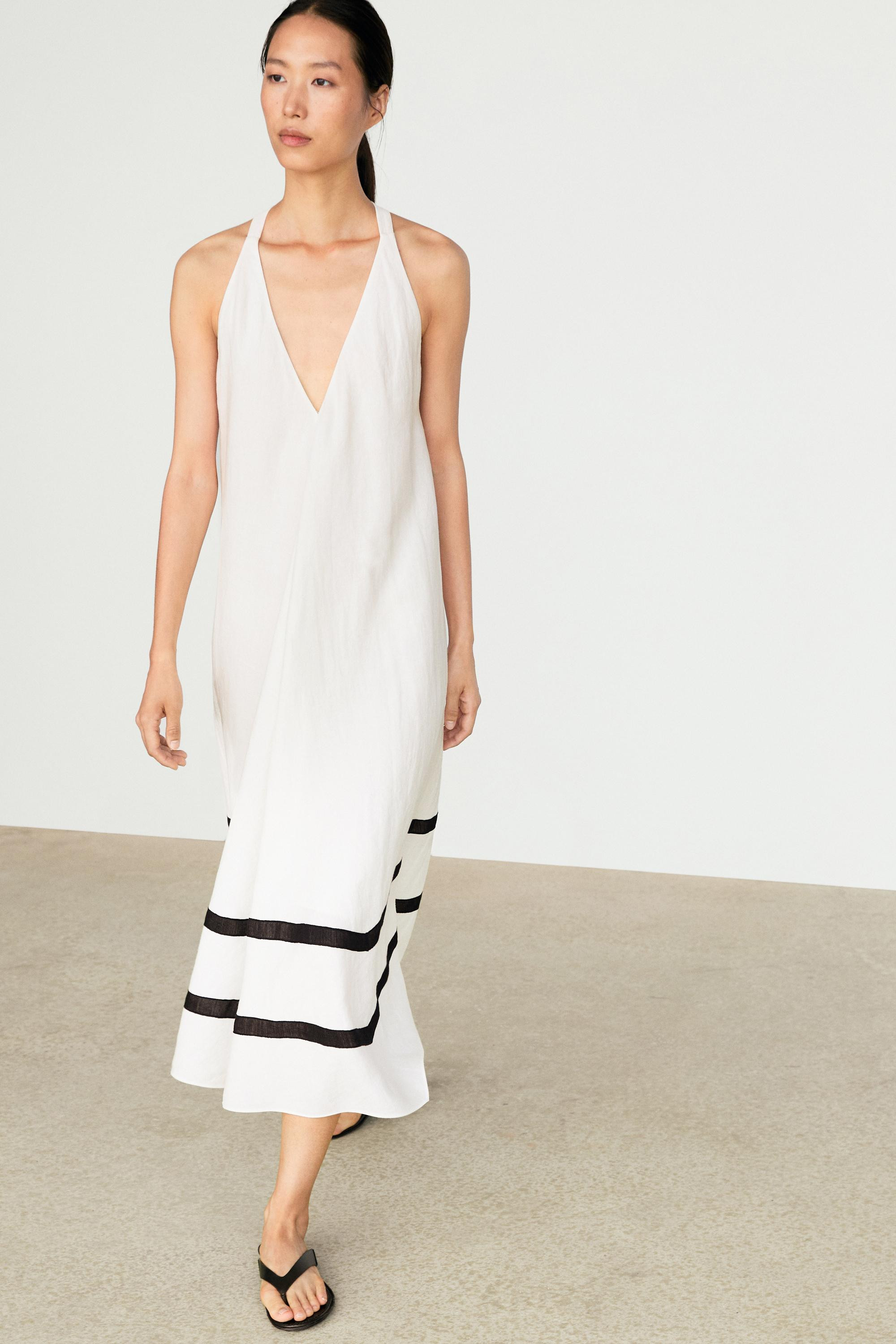 Linen blend midi dress with contrast stripe detail | Massimo Dutti US