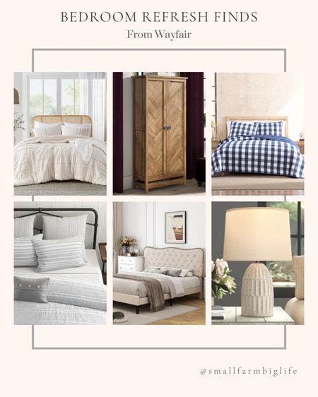Bedroom refresh finds from Wayfair. Spring refresh. Striped duvet cover set. Wood armoire. Blue Buffalo check cotton quilt set. Tufted upholstered platform bed. Resin table lamp. Pinch pleated soft washed comforter set  

#LTKhome #LTKstyletip