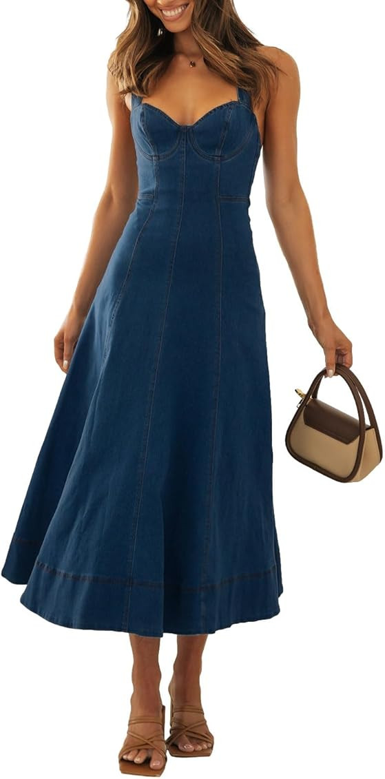 Women's Summer Denim Dress Sleeveless Cross Backless High Waist Solid Color Swing Dress Casual A-... | Amazon (US)